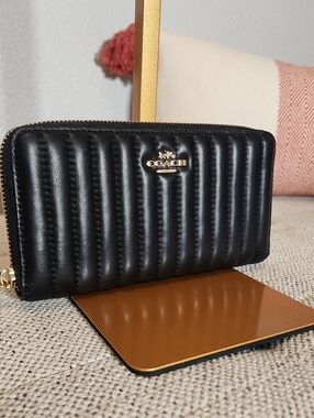 Coach Black Quilted Zip Wallet with Gold Logo